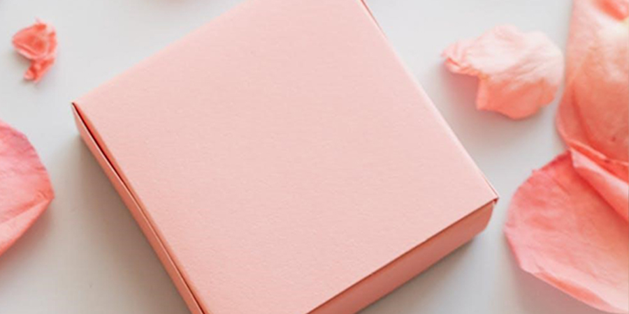 a blush pink apparel packaging box displayed against blush pink petals