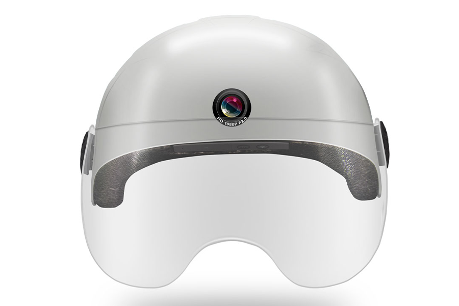 A smart rear view recording camera on a white smart motorcycle helmet