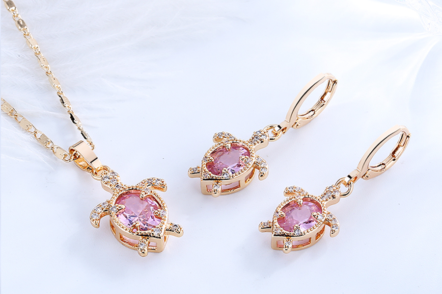 Turtle earring set with pink cubic zirconia stone