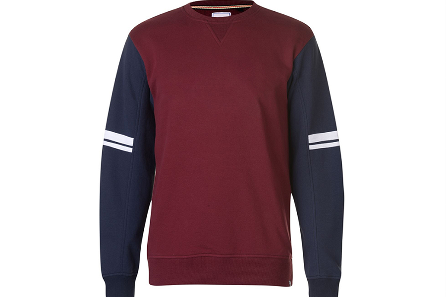 Men’s crewneck sweatshirt in deep shades of red and blue