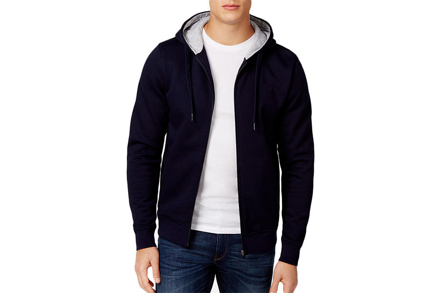 Man wearing navy zip-up hoodie for smart-casual purposes