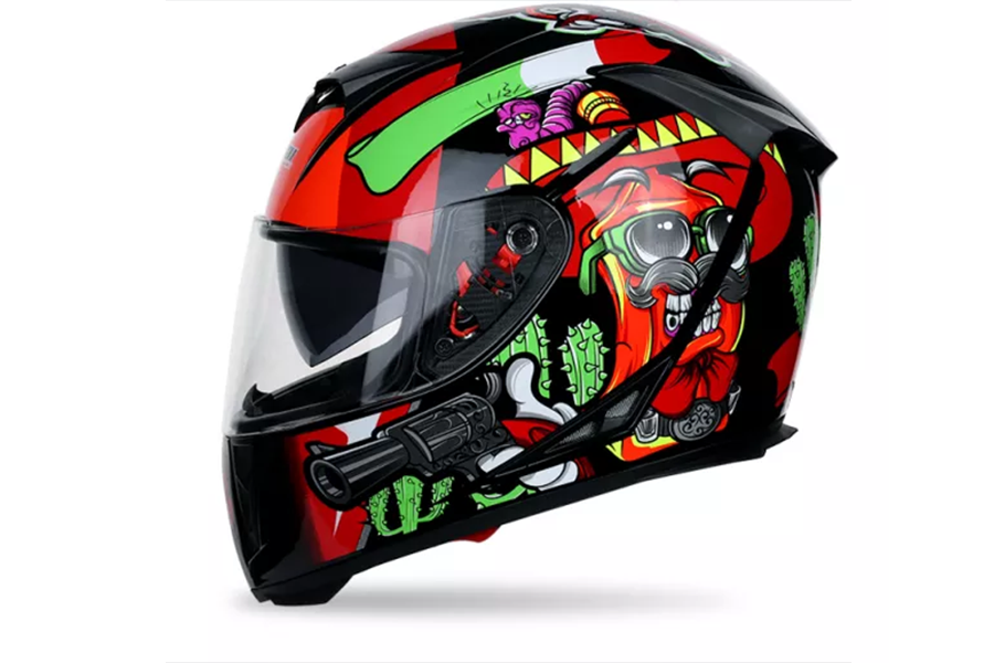 A multi-colored full-face motorcycle helmet with customized logo