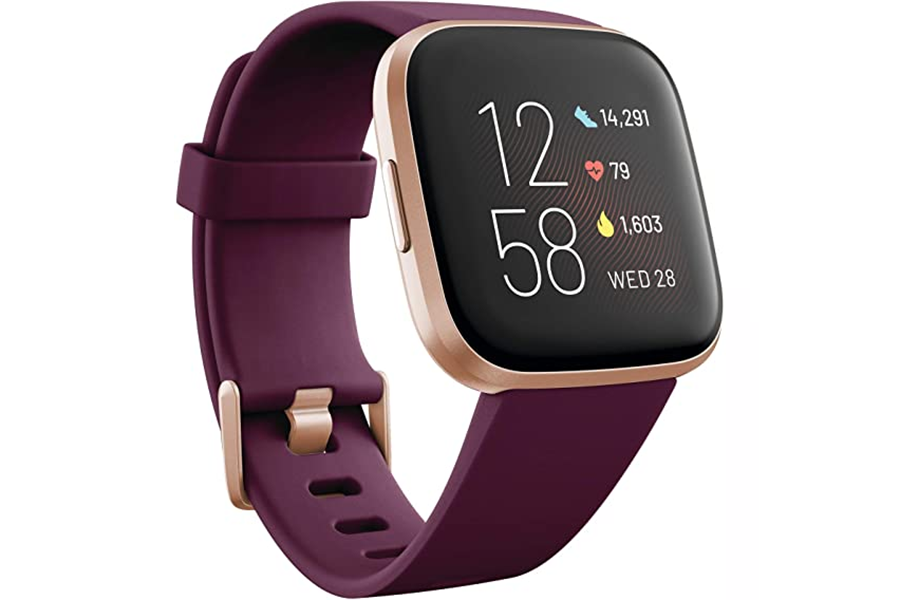 A purple Fitbit Versa 2 smartwatch with a black touchscreen