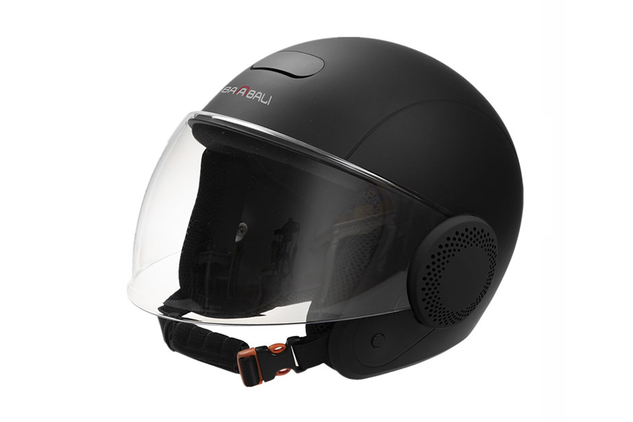 A black open-face motorcycle helmet with a clear face glass cove