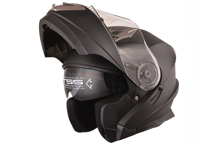 A black flip up modular motorcycle helmet