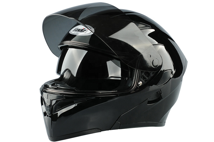 A hard black sports racing motorcycle helmet