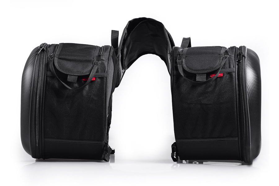 Black hardshell saddlebag with 2 storage bags