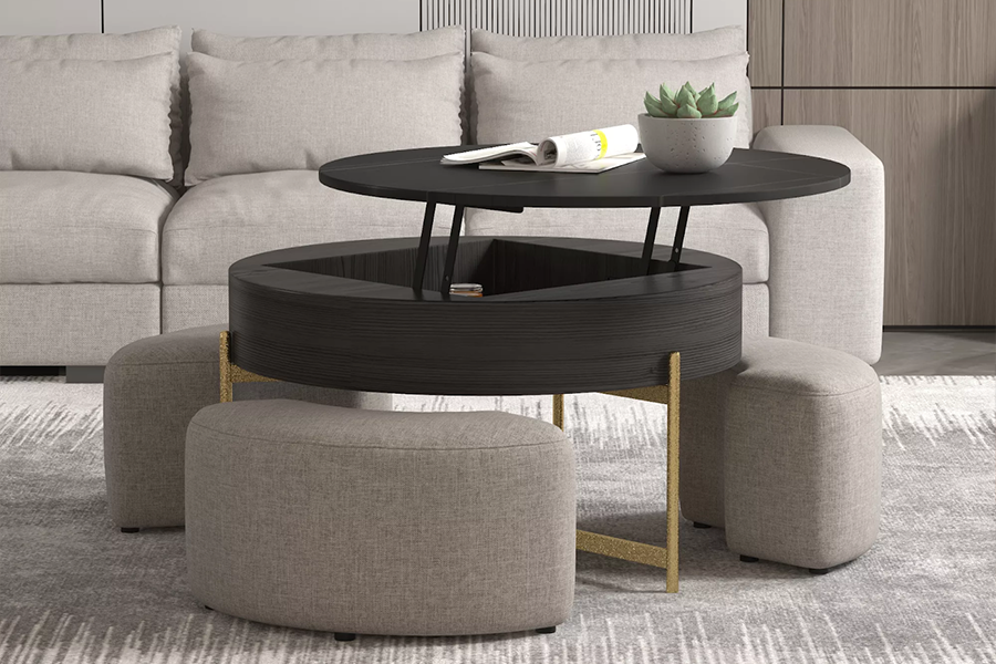 A coffee table with an extendable top and ottomans