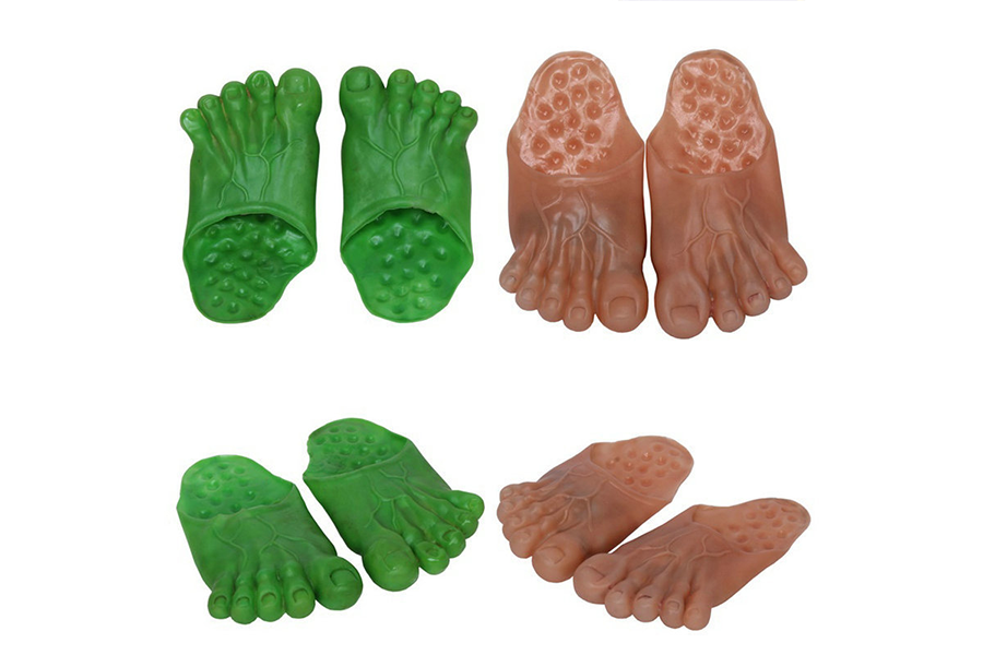 Bigfoot slippers in green and skin colors