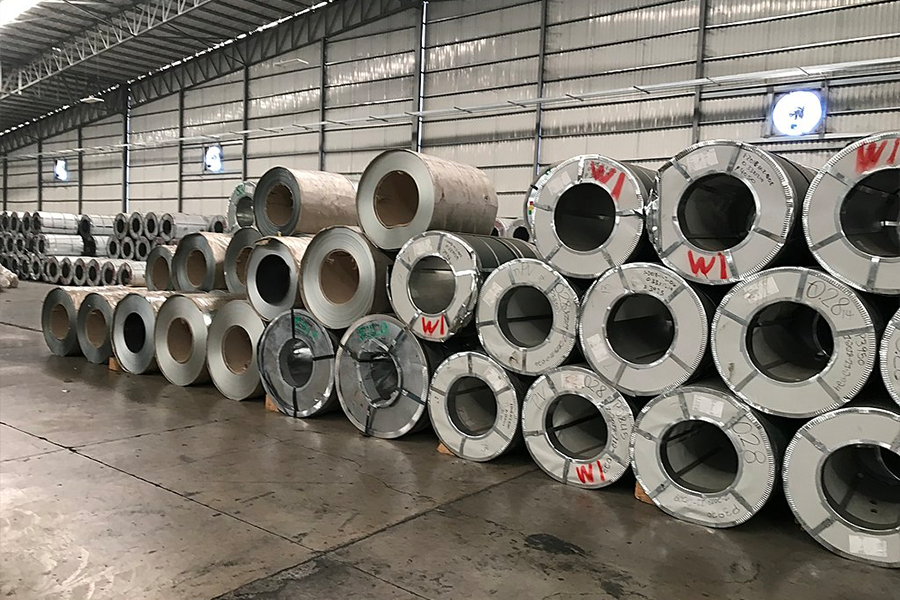 Galvanized steel coil stacked in a warehouse