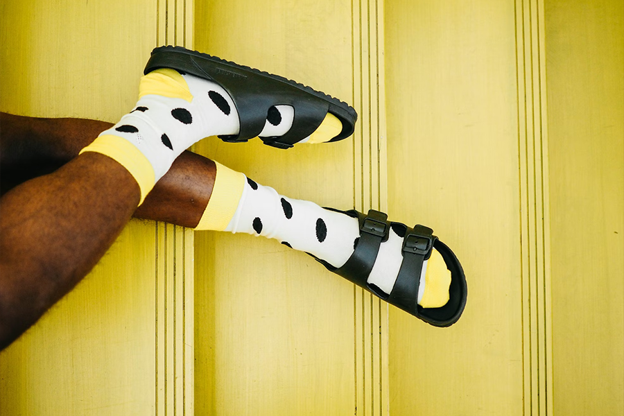 Yellow and white crew socks with polka dot design