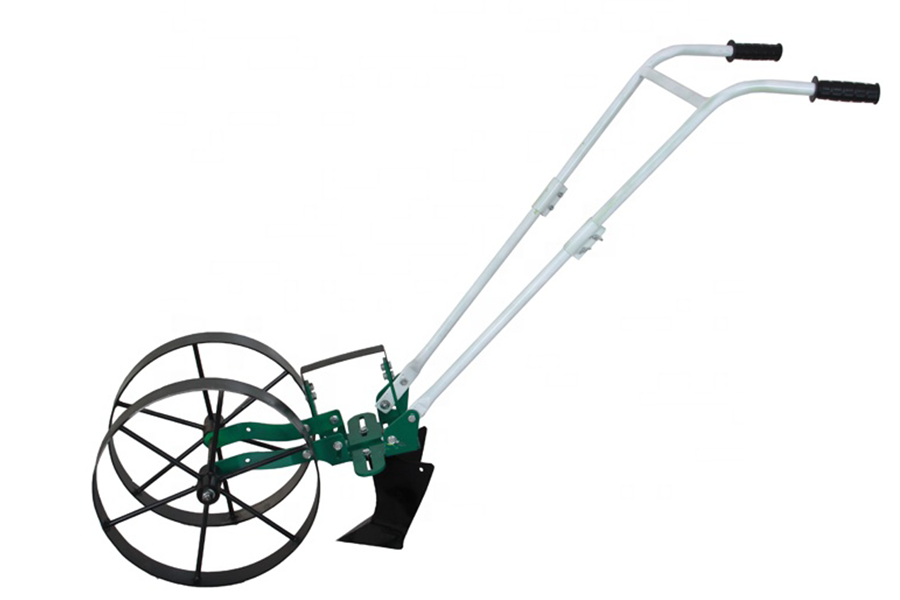 A manual handheld cultivator with double iron wheels