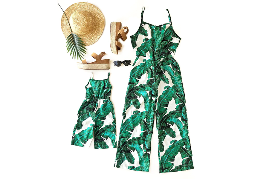 Mommy & me rompers with matching leaf patterns
