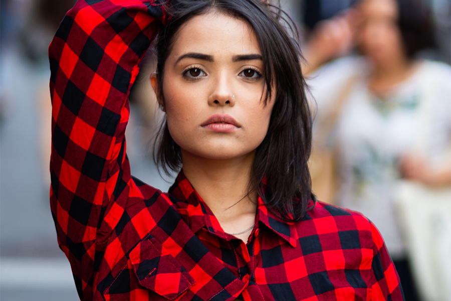 Cute lady in red and black check shirt
