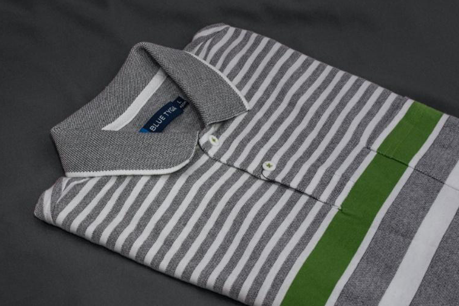 White, gray and green striped polo shirt for men
