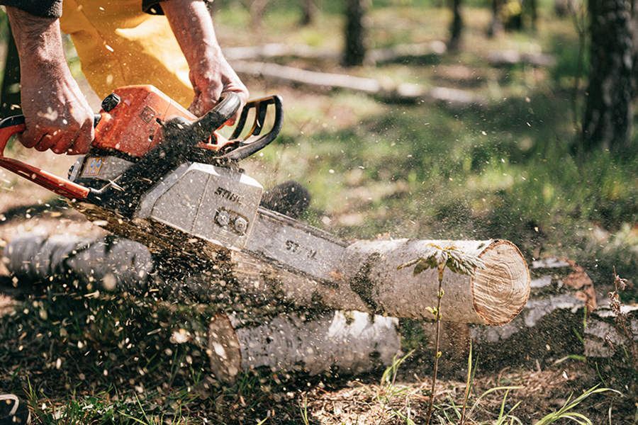 Man using a chain saw to cut wood