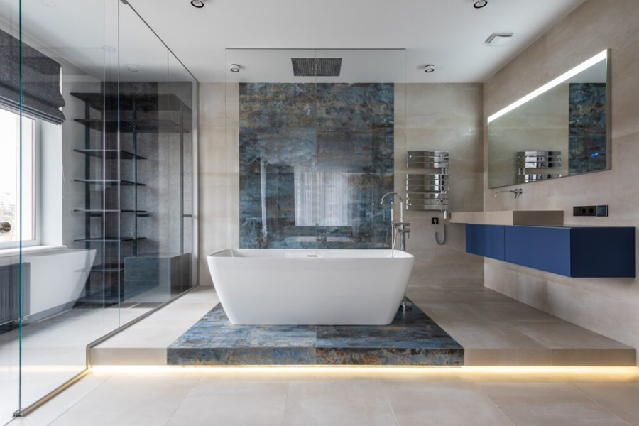 Modern bathroom interior with freestanding tub