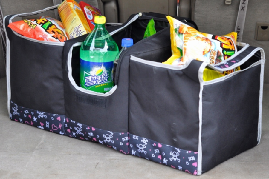 Food storage car organizer in black with white ends