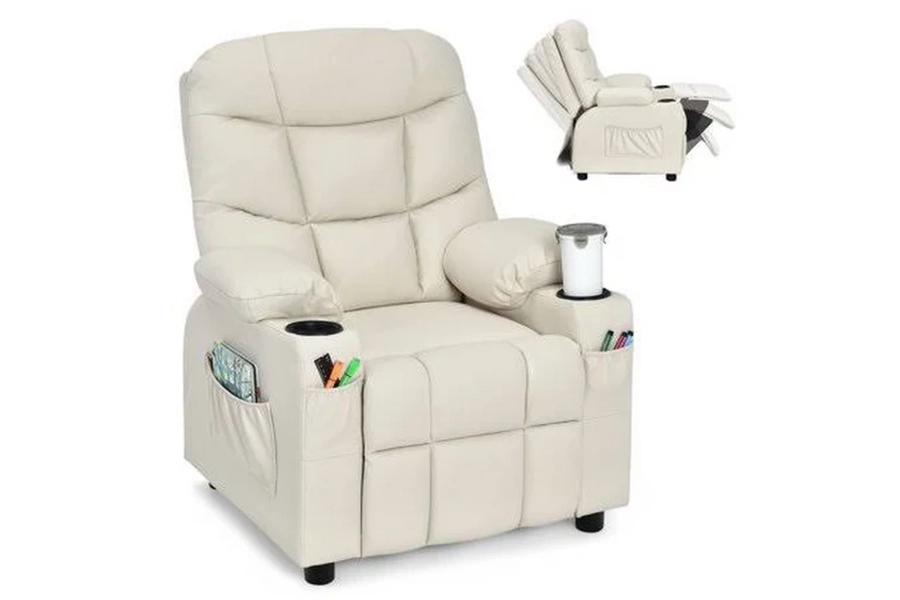 Cream kids’ recliner chair with cup holder