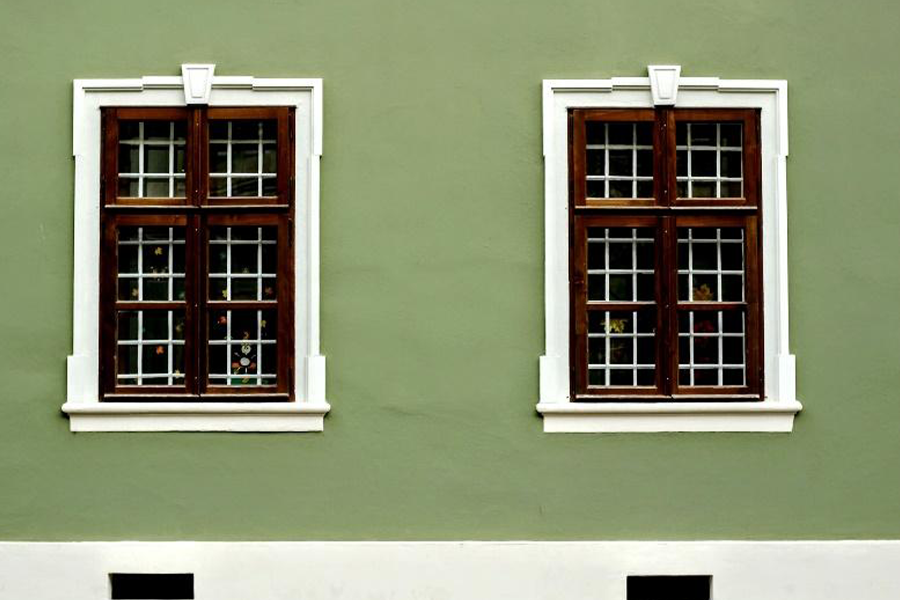 Windows with stained wood sash and white casing