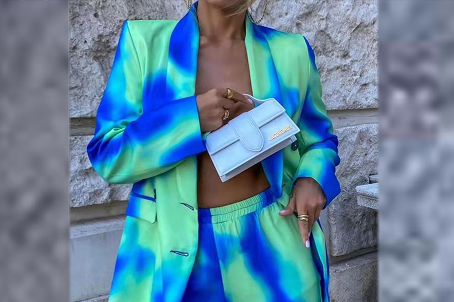 Lady rocking green and blue tie and dye suit set