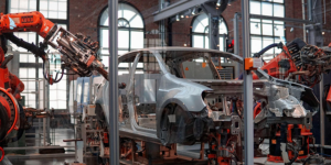 Vehicle being assembled at an automotive plant