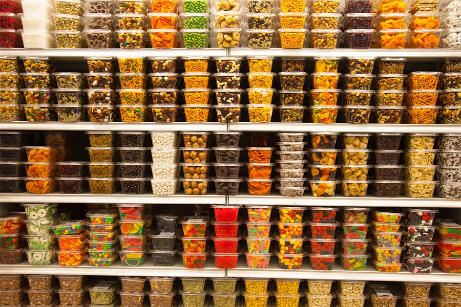 Assorted snacks and candies in clear plastic containers