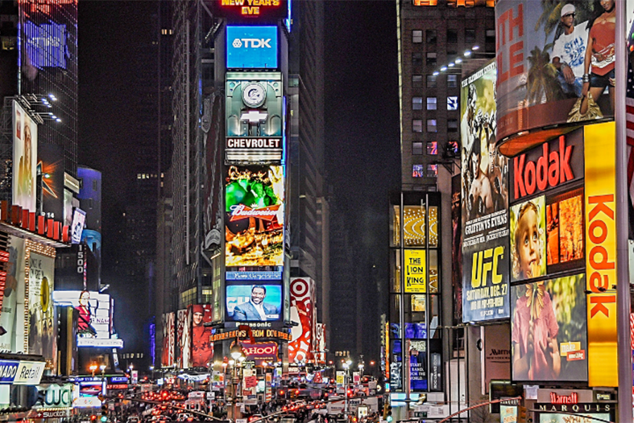 A large number of advertisements posted in "Time Square" 