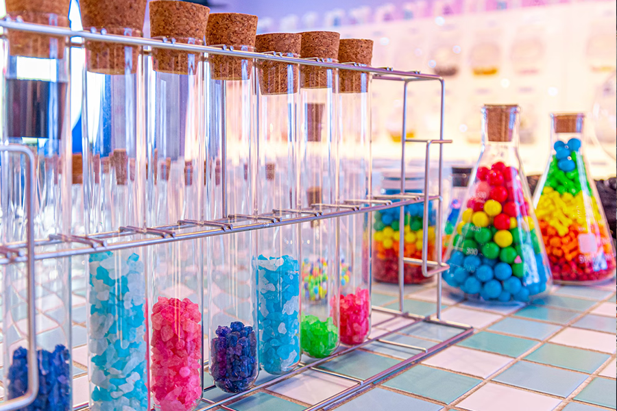 Assorted candies stored in test tubes and conical flasks