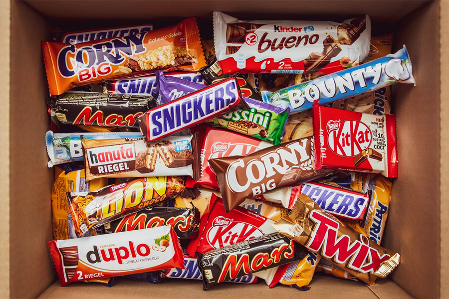 Assorted snacks in a cardboard box