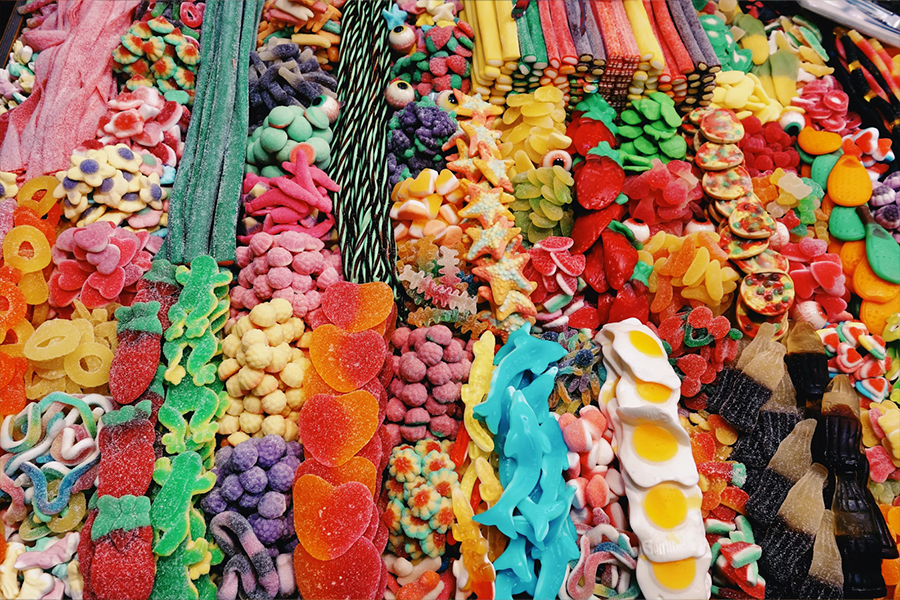 Colorful, assorted candies on display