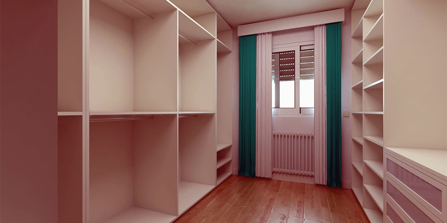 A royal pink walk-in wardrobe with green and pink curtains