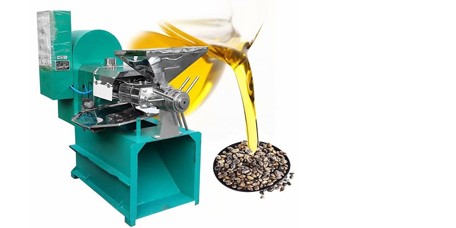 Oil press machine displayed next to the oil of sunflower seeds