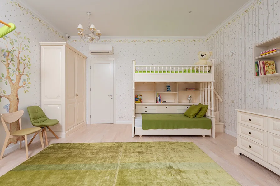 Kids stylish bunk beds in a wide room