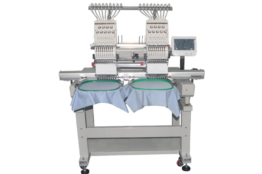 An embroidery machine with two heads