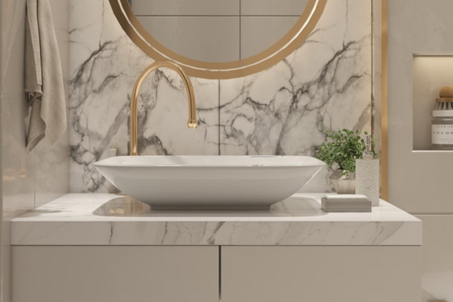 A bathroom vanity made of sintered stone