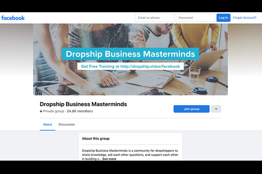 Homepage of Facebook Dropshipping group
