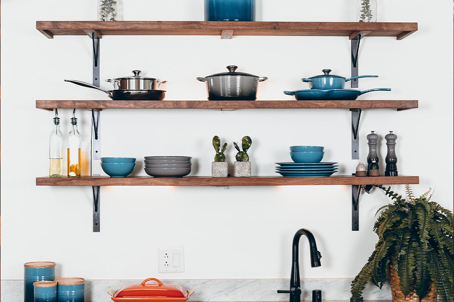 Kitchen shelves with various utensils