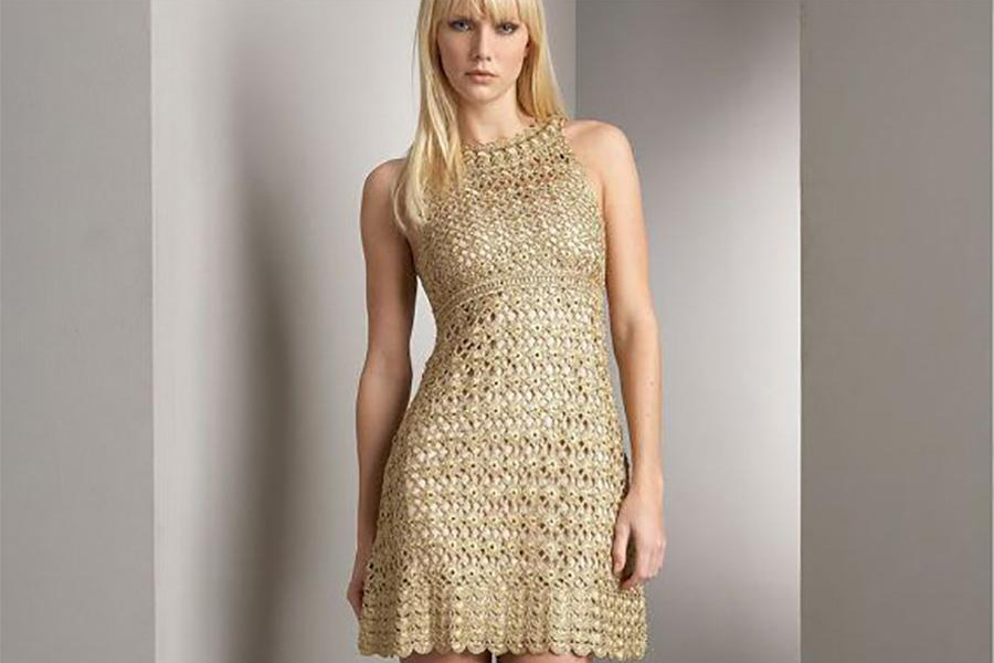 Model Rocking Golden Colored Short Empire Waist Dress