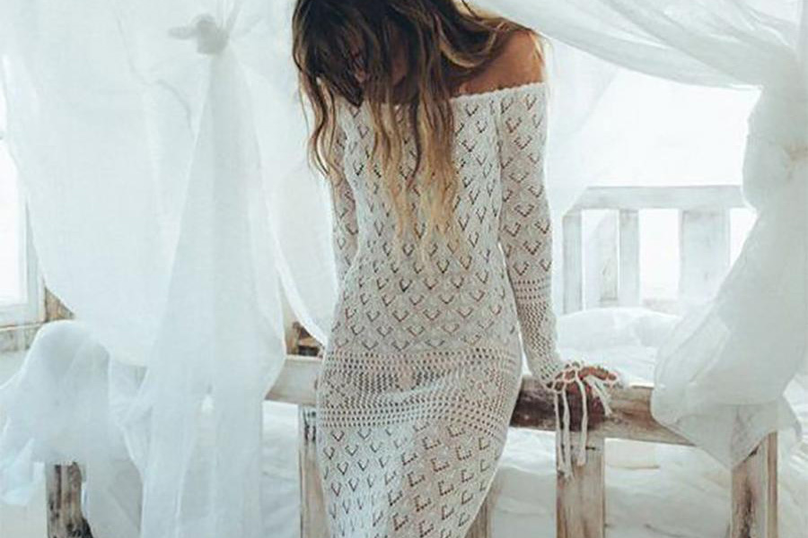 Model Rocking Long Crochet White Off Shoulder Dress