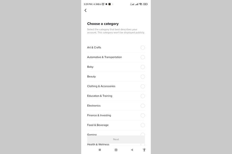 Page showing users various categories to choose from