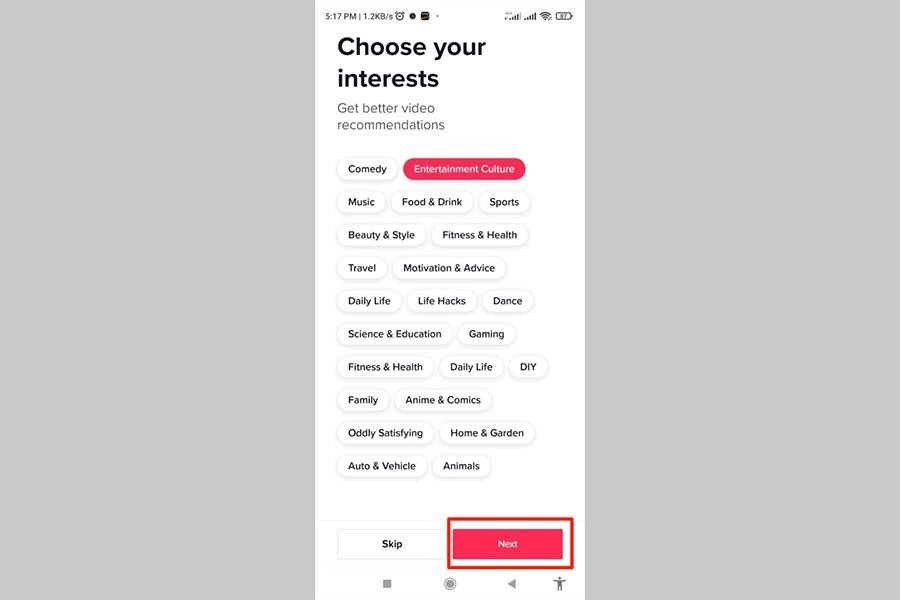 Screenshot showing the "Choose your interests" page