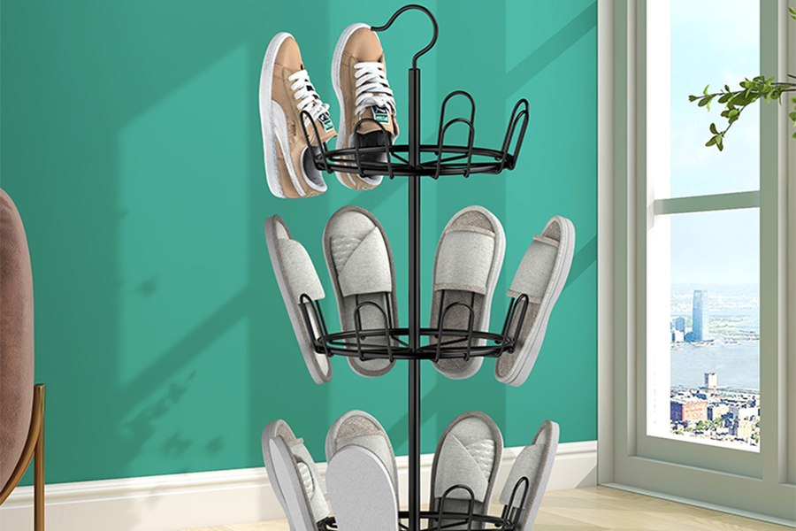 Simple iron shoe rack in the middle of a room