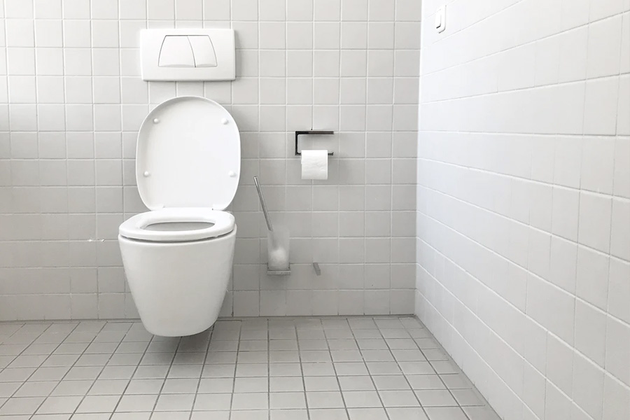 Wall-mounted toilet in white bathroom