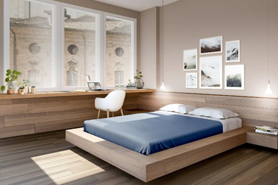 Wood floating bed with built-in side table