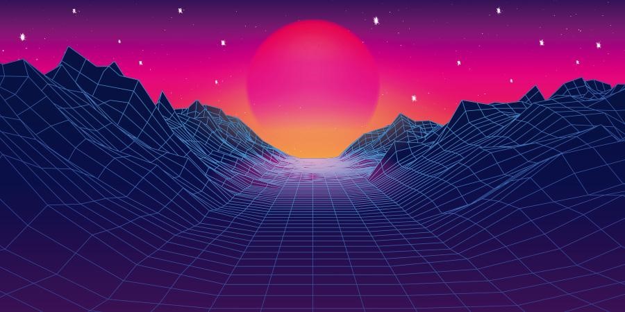 80s synthwave styled landscape with blue grid mountains and sun over arcade space planet canyon