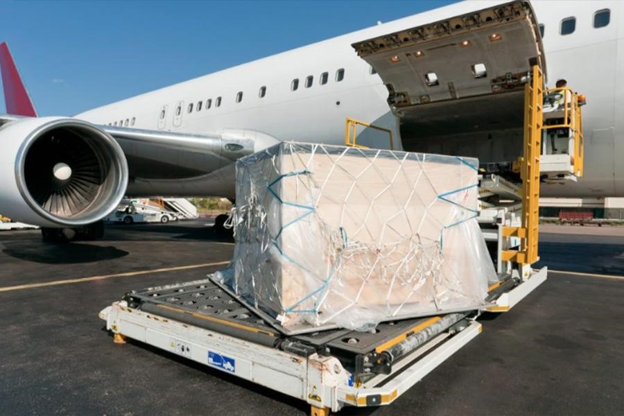 A packed shipment loading to an aircraft cargo bay