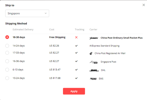 AliExpress’s estimated delivery time of goods shipped to Singapore