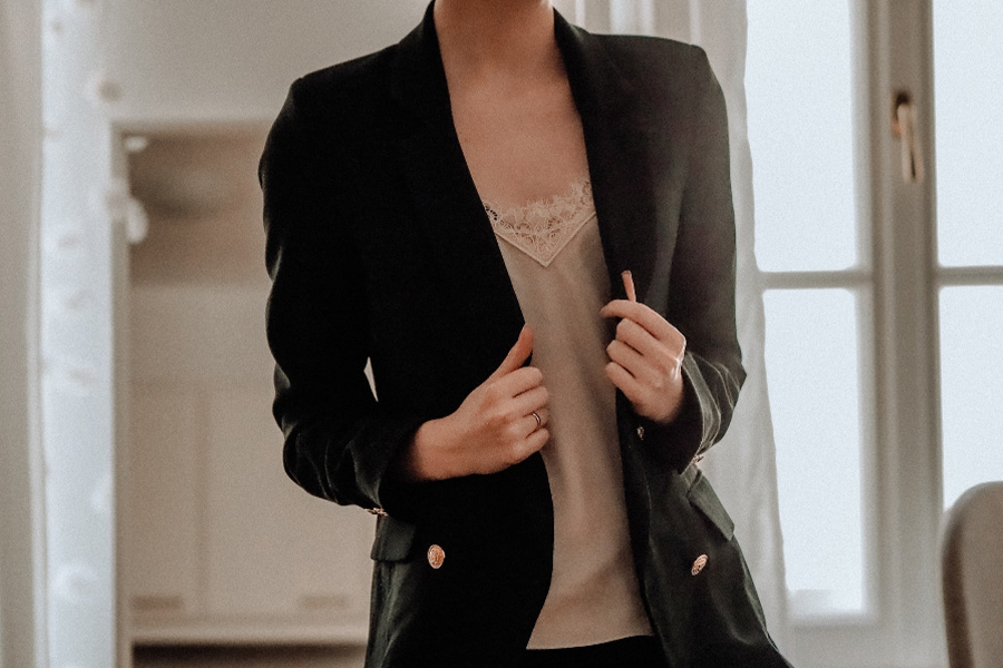 Black double breasted blazer with gold buttons