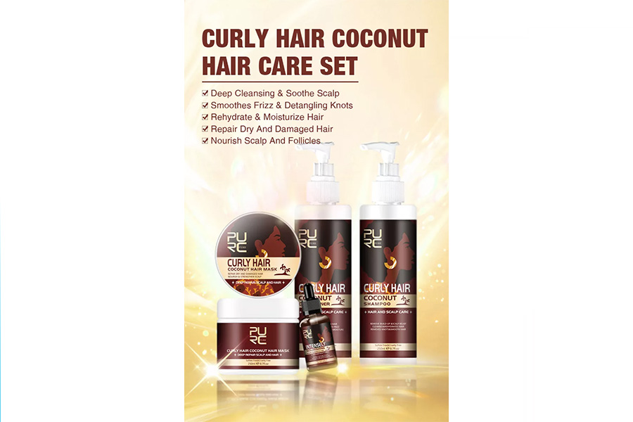 Coconut haircare set containing a shampoo, conditioner, mask, and oil